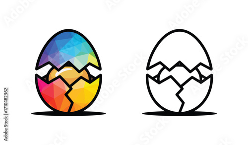 Colorful geometric cracked egg illustration with a black and white line art version showcasing a polygon design