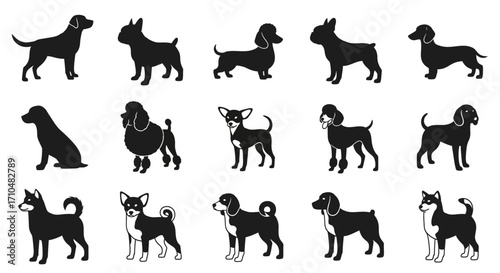 Collection of diverse dog breed silhouettes in various poses isolated on white background