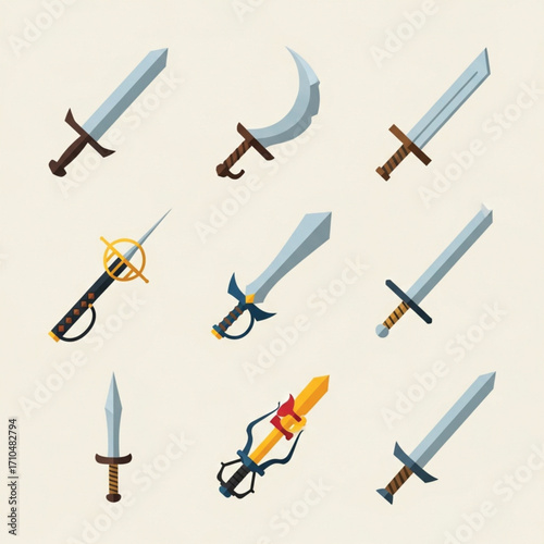 Collection of nine cartoon swords with varying blade shapes, hilts, and colors, arranged on a light beige background.