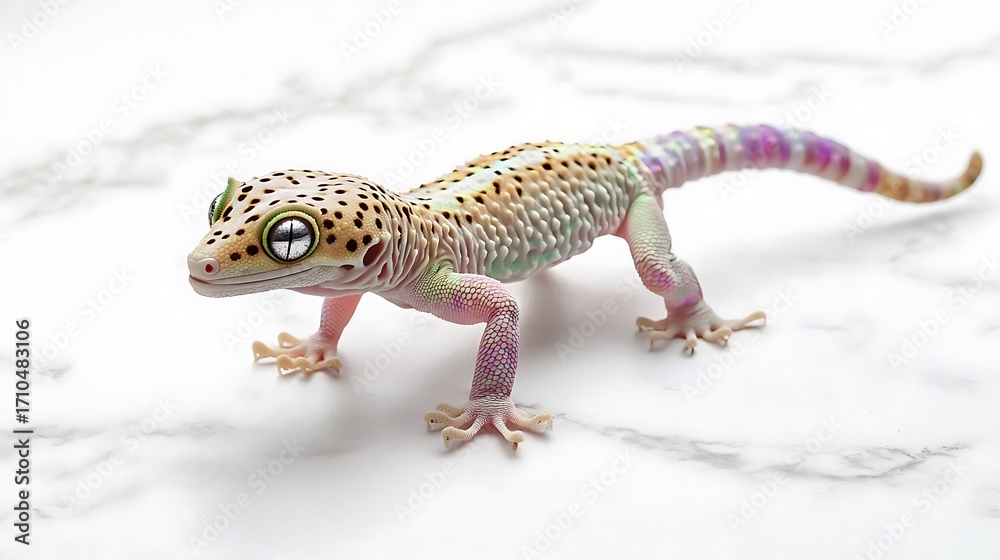 Naklejka premium Small spotted leopard gecko on a stone wall