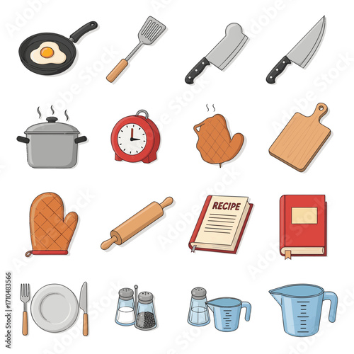 Collection of colorful cartoon kitchen tools and cooking utensils for home culinary preparation