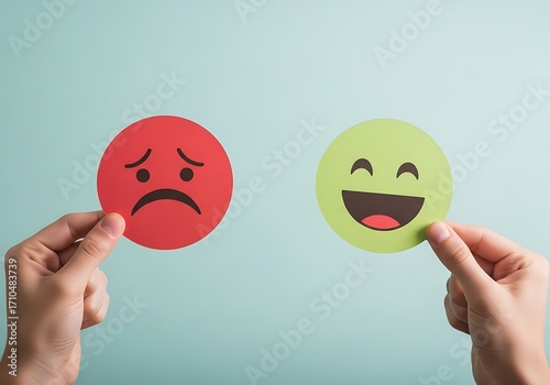Hands holding red sad and green happy face emojis against blue background