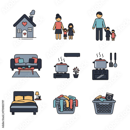 Set of colorful icons representing family life, domestic chores, and home comfort concepts