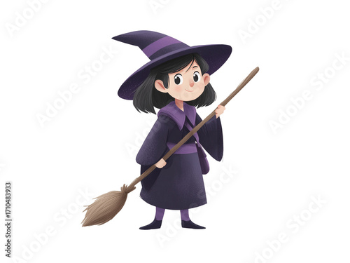  girl character with broomstick Cartoon sticker isolated on transparent White background png