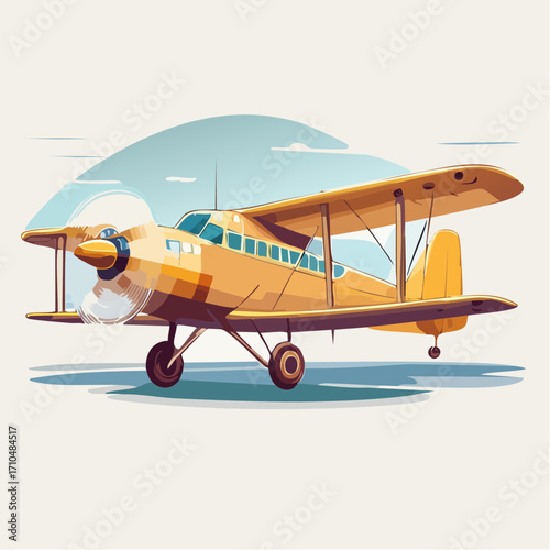 Vibrant yellow vintage biplane airplane illustration on a light background, showcasing classic aviation design and air travel concept