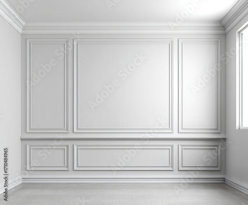 A pristine, empty room showcases elegant wall paneling and architectural details, bathed in a soft, neutral light.