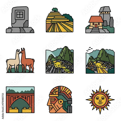 Collection of nine vector icons depicting Peruvian landmarks, culture, and symbols, including Machu Picchu, llamas, agricultural terraces, and Inca imagery.