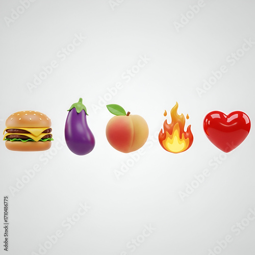 A collection of five 3d rendered emoji icons including a burger, eggplant, peach, fire, and heart isolated on a white background