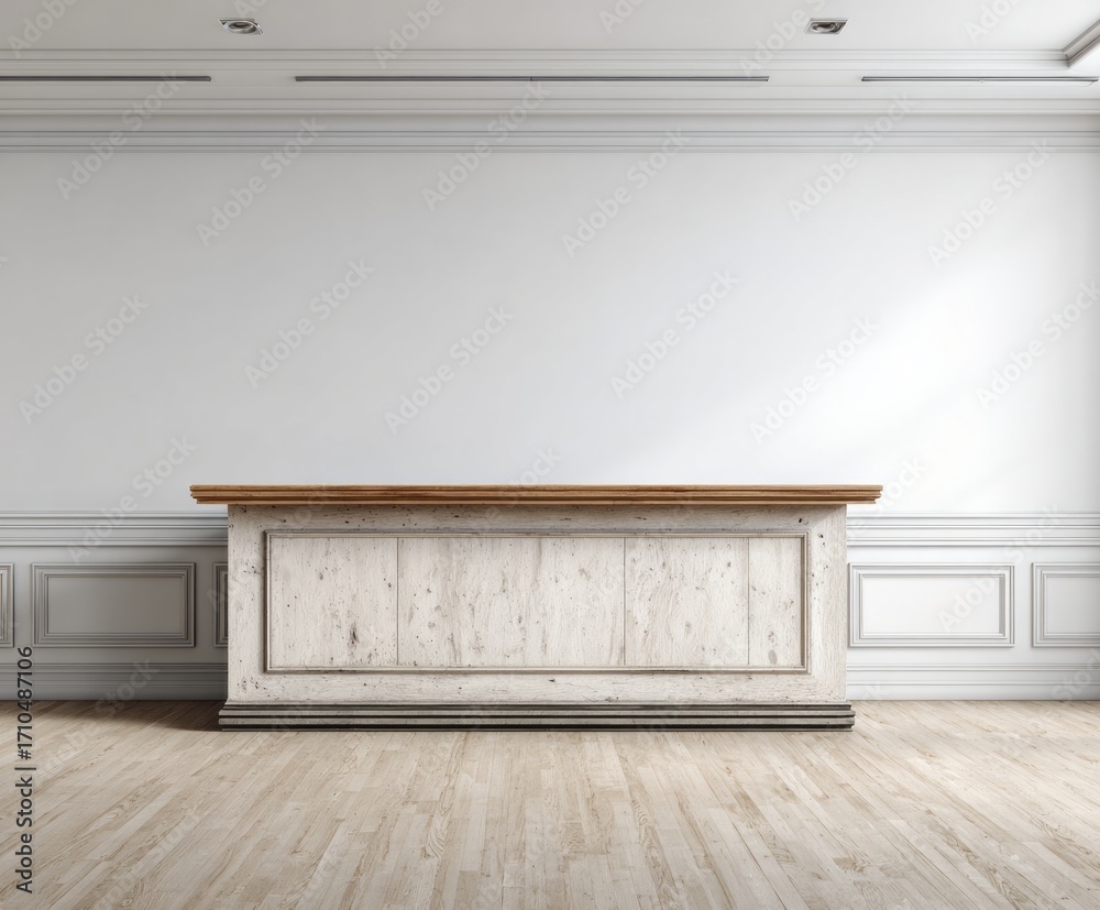 Fototapeta premium A light-filled room displays a vintage-style wooden counter, showcasing intricate architectural details.