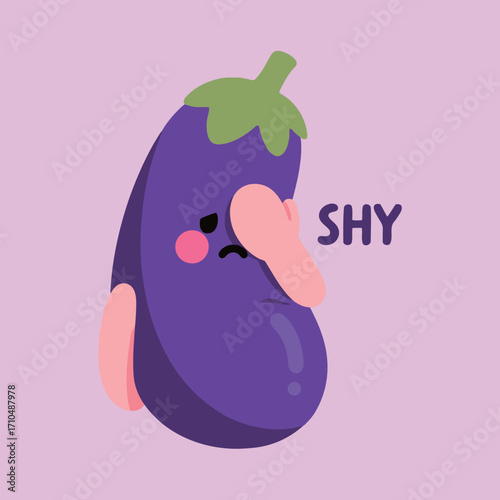 A shy and embarrassed eggplant character cartoon mascot covering its face with its hand.