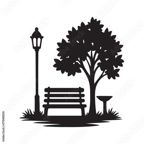 Park Bench Tree Silhouette Outdoor Garden Vector Illustration