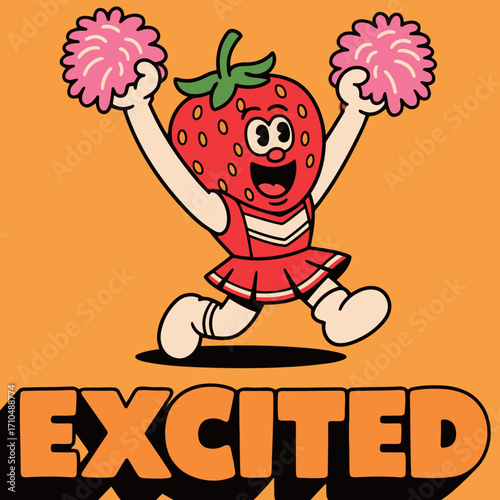 An excited and energetic strawberry cheerleader character cartoon mascot jumping with pom-poms.