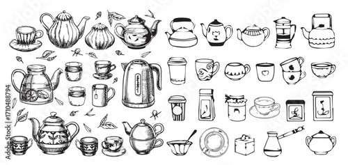 Hand-Drawn Illustration of Ceramic Teapot with Teacup and Saucer – Elegant Vintage Style Artwork