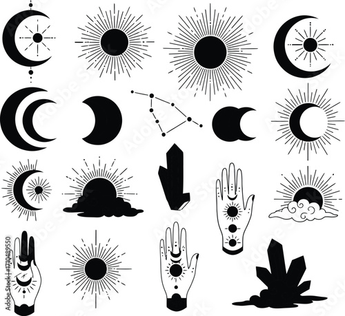 Collection of celestial and mystical symbols including moons suns constellations hands and crystals isolated on white background