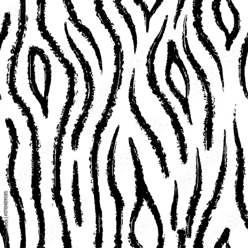Bold black zebra stripes pattern with rough textured brush strokes on a clean white backdrop, perfect for fashion textiles and wild animal themes.