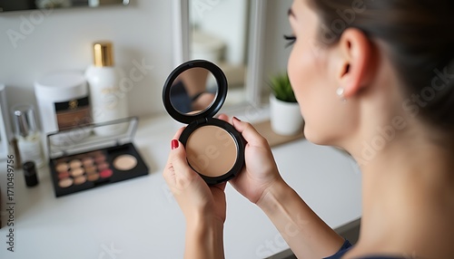 Woman applying makeup in front of a vanity with various beauty products