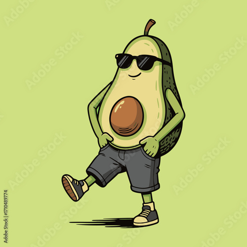 A cool and confident avocado character cartoon mascot wearing sunglasses and shorts.
