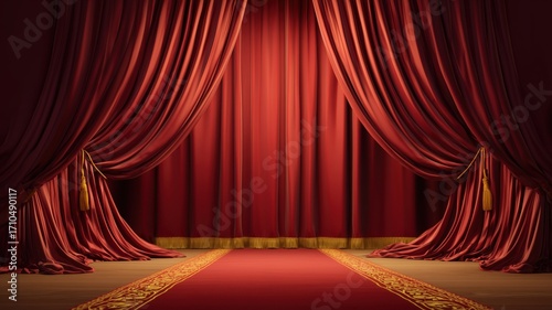豪華な赤い劇場のカーテン。舞台やイベントの背景素材に最適な演出用カーテン。