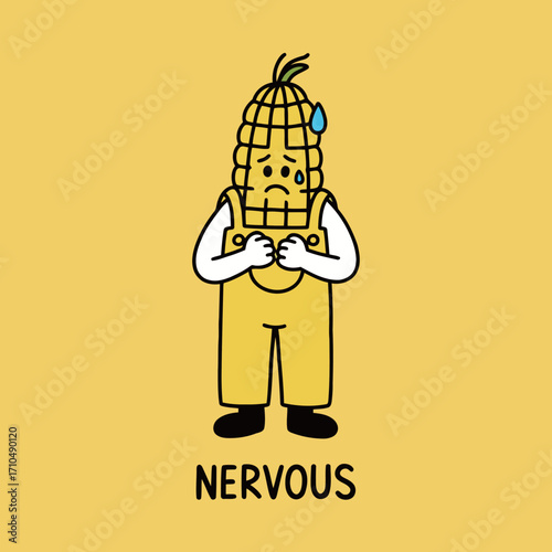 A nervous and anxious corn character cartoon mascot with a worried expression and trembling hands.