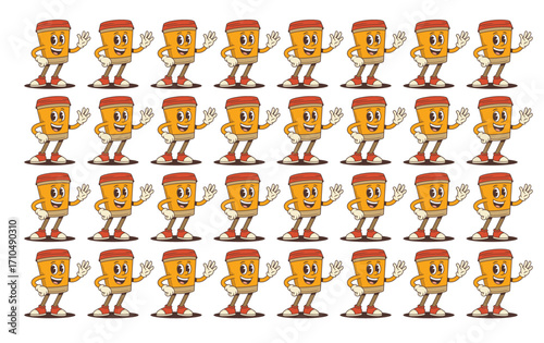 Seamless Pattern of Cartoon Coffee Cup Mascot Characters – Fun Beverage Design for Packaging and Branding