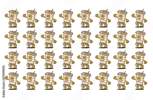 Seamless Pattern of Cartoon Coffee Cup Mascot Characters – Fun Beverage Design for Packaging and Branding