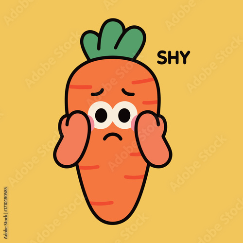 A shy and embarrassed carrot character cartoon mascot covering its face with its hands on a vibrant yellow background.