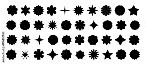 Star shape stickers. Starburst round badge. Circle sign for discount and offer design. Vector y2k elements with scallop and zig zag.