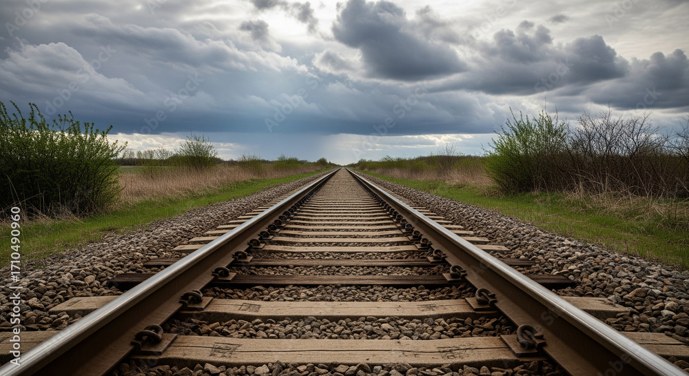 Obraz premium The Long Road Ahead: Empty Train Tracks to the Horizon. A powerful image of a straight railway track stretching into the far distance, creating a strong sense of perspective and direction 