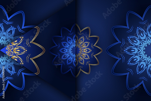 Elegant blue golden mandala with symmetrical floral geometry and reflective decorative style