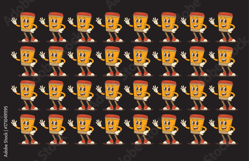Seamless Pattern of Cartoon Coffee Cup Mascot Characters – Fun Beverage Design for Packaging and Branding