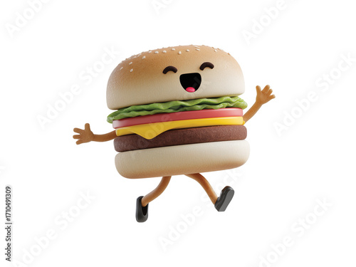  hamburger Cartoon character sticker with jumping legs and funny isolated on transparent White background png