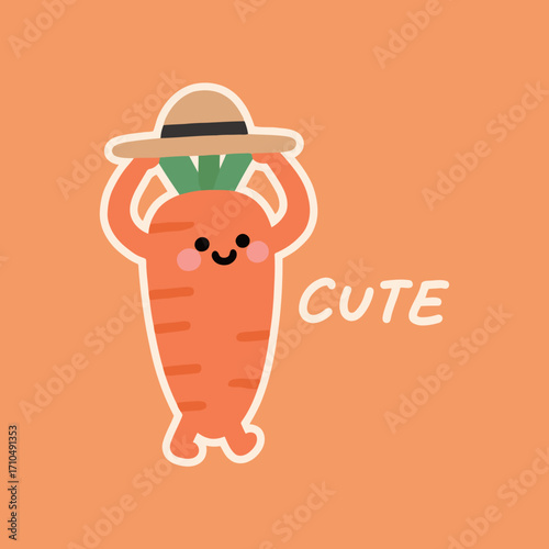 A cute and whimsical cartoon illustration of a happy carrot character with a charming smile, holding a hat over its head in a playful gesture, with the word "CUTE" beside it.