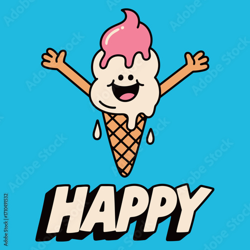 A playful and happy cartoon illustration of a melting ice cream cone character with a smiling face, expressive hands, and a sweet, joyful expression.