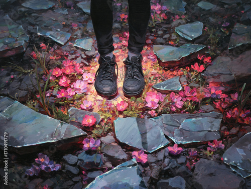 Figure stands on broken glass with glowing flowers emerging beneath their feet in a surreal environment