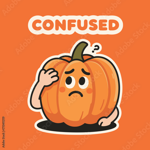A fun and playful illustration of a confused pumpkin character, scratching its head with a worried expression, perfect for Halloween or autumn themes.