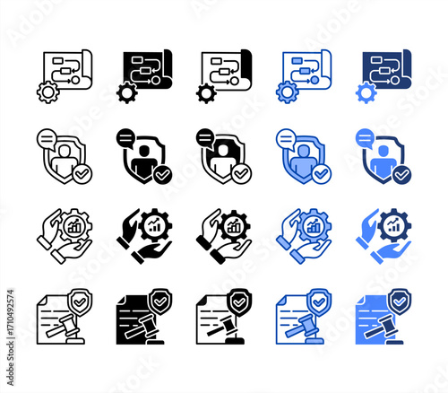 Workflow, Verification, Development, Compliance., multiple style icon set.