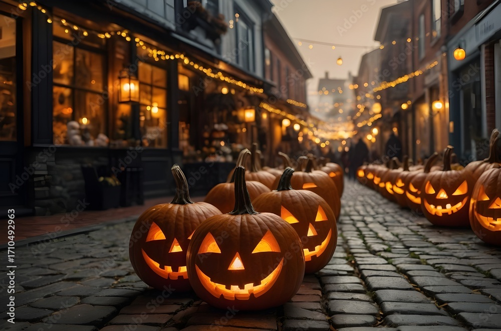 Fototapeta premium Cozy Halloween Market Street with Hand-Carved Pumpkin, Golden Hour Lighting, Family-Friendly Costumes, Atmospheric Fog – Editorial Stock Photo