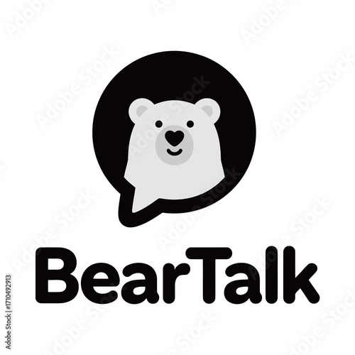 A modern and minimalist logo design featuring a cute polar bear face inside a speech bubble, perfect for a brand related to communication, chat, or discussion.