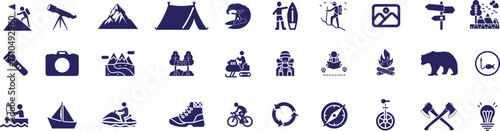 Camping, outdoor adventure icon set. Vector illustration of eco-tourism, tent, backpack, campfire, compass, kayak, hiking, travel, wilderness exploration, blue silhouette illustration. 