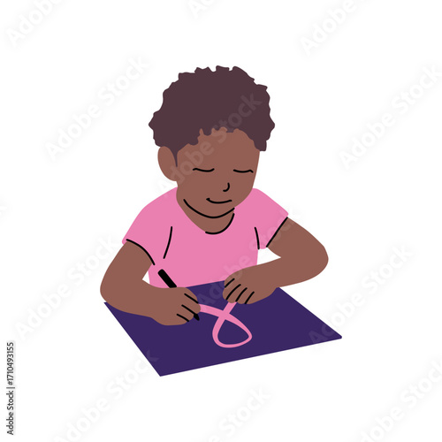 Child is drawing a pink ribbon, a symbol of breast cancer awareness, on a purple paper for charity, support, and hope for people battling cancer