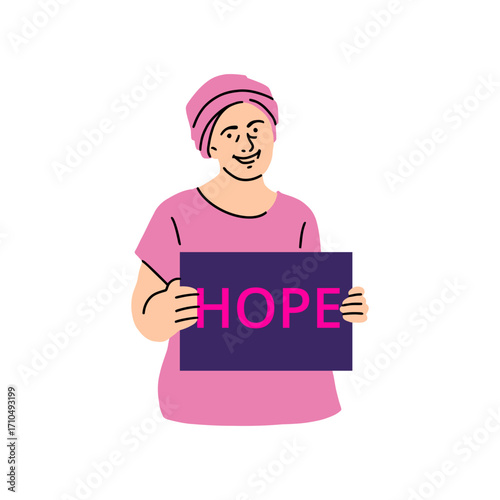 Woman wearing headscarf and pink shirt holding a sign that says Hope, showcasing support for cancer awareness and positive mental health
