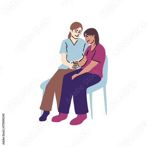 Nurse comforting patient sitting on chair, holding hands in support, showing empathy and care, healthcare setting, vector illustration