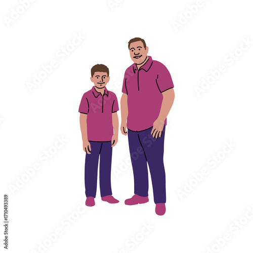Stylized dad and son wearing matching outfits, casual style, family portrait in matching shirts and pants, fatherhood and sonship, modern family