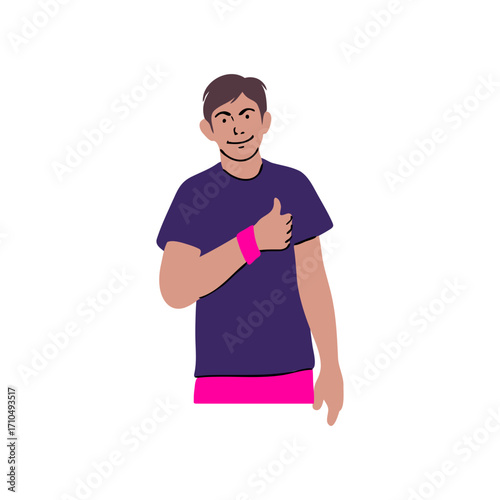 Person giving thumbs up wearing a purple shirt and pink wristband, expressing positivity and approval with a confident expression of success
