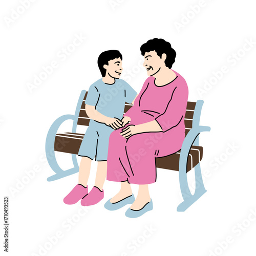Grandmother and grandson sitting together on a park bench, sharing a warm moment of family connection and love, showcasing intergenerational bonds
