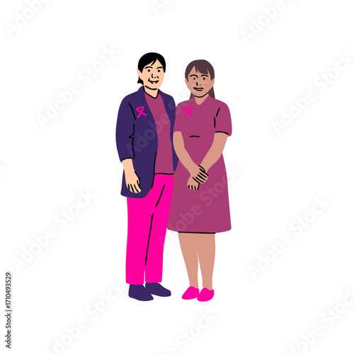 Two women stand side-by-side, wearing pink ribbons, symbolizing breast cancer awareness and support for women's health initiatives.