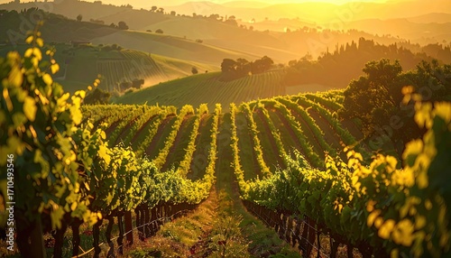 Fototapeta Naklejka Na Ścianę i Meble -  Golden Sunset Over Rolling Vineyard Hills Detailed Landscape