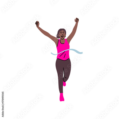 Illustration of a triumphant woman runner crossing the finish line with arms raised in victory, showcasing athleticism and success in sports