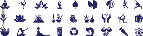 Yoga poses and nature elements vector set | A display of various yoga asanas and nature icons, representing wellness and harmony