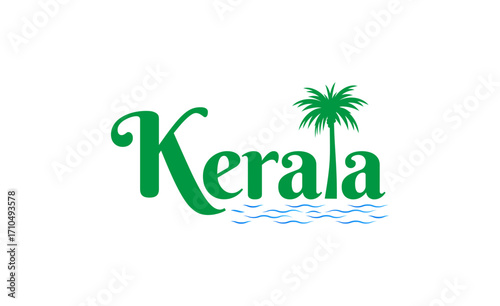 Kerala logo design with palm tree and water wave illustration. Perfect for tourism, travel, tropical branding, and eco-friendly identity.